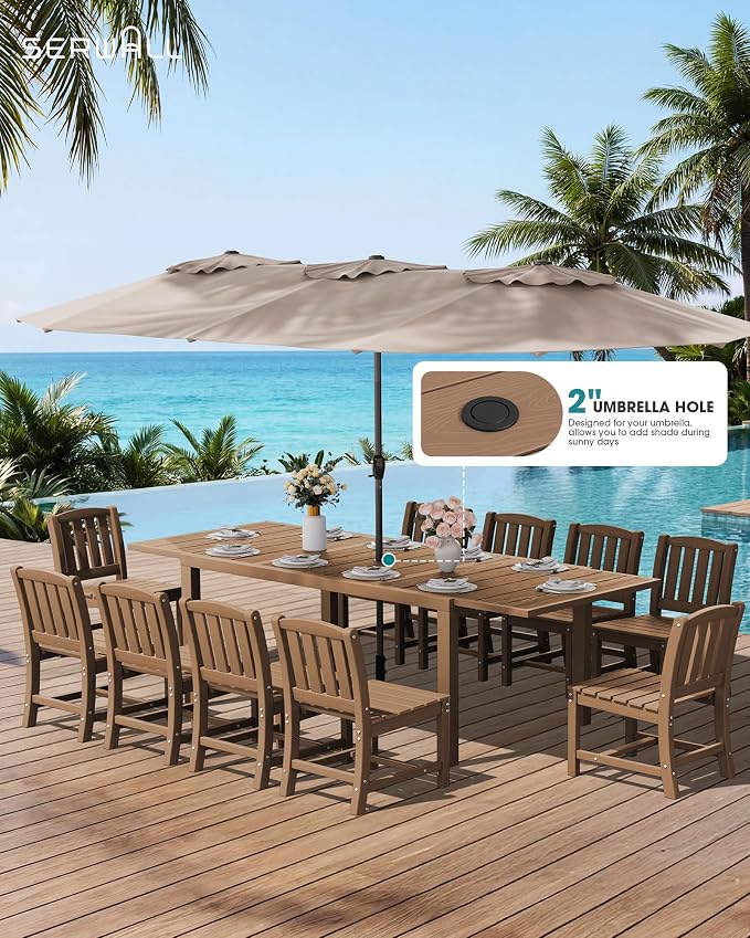 SERWALL 10-Piece Patio Dining Sets with 15FT Patio Umbrella, Brown | 60" - 83" Expandable Outdoor Dining Table and 8 HDPE Chairs, All Weather HDPE Outdoor Furniture Set