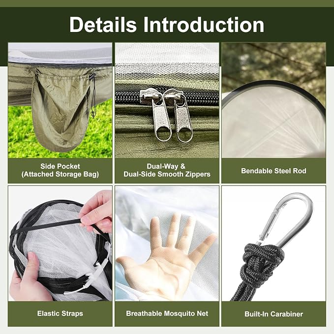 Camping Hammock with Mosquito Net, 3 in 1 Portable Hammock Tent 440lbs Capacity Attached Storage Pocket Single Nylon Hammock Set for Outdoor Travel Camping Hiking Backpacking (Army Green)