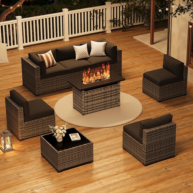 LazySunsets 8-Piece Patio Furniture Set with 44" Fire Pit Table, Wicker Outdoor Furniture, Patio Conversation Sets with Coffee Table, Outdoor Sectional Couch, Black