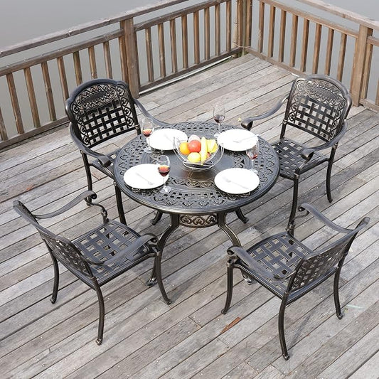 VIVIJASON 5-Piece Patio Furniture Dining Set, All-Weather Cast Aluminum Outdoor Conversation Set, Include 4 Chairs and 1 Round Table w/Umbrella Hole for Balcony, Lawn, Garden, Backyard