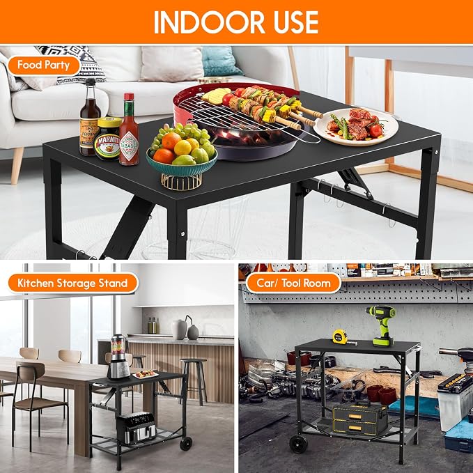 KHAMAL Grill Cart Outdoor with Wheels - Foldable Pizza Oven Stand Table, Portable Dining Cart Table for Outdoor, BBQ, Indoor, Kitchen(Black with Silver Handle)