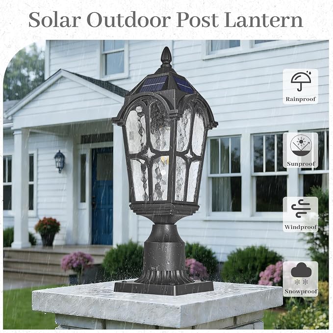 Solar Post Light Outdoor, 17.3 Inch Dusk to Dawn Pier Mount Lamp, Sand Black Aluminum with Seeded Water Ripple Glass, Waterproof Solar Pole Light Fixture for Garden Yard Pillar Patio