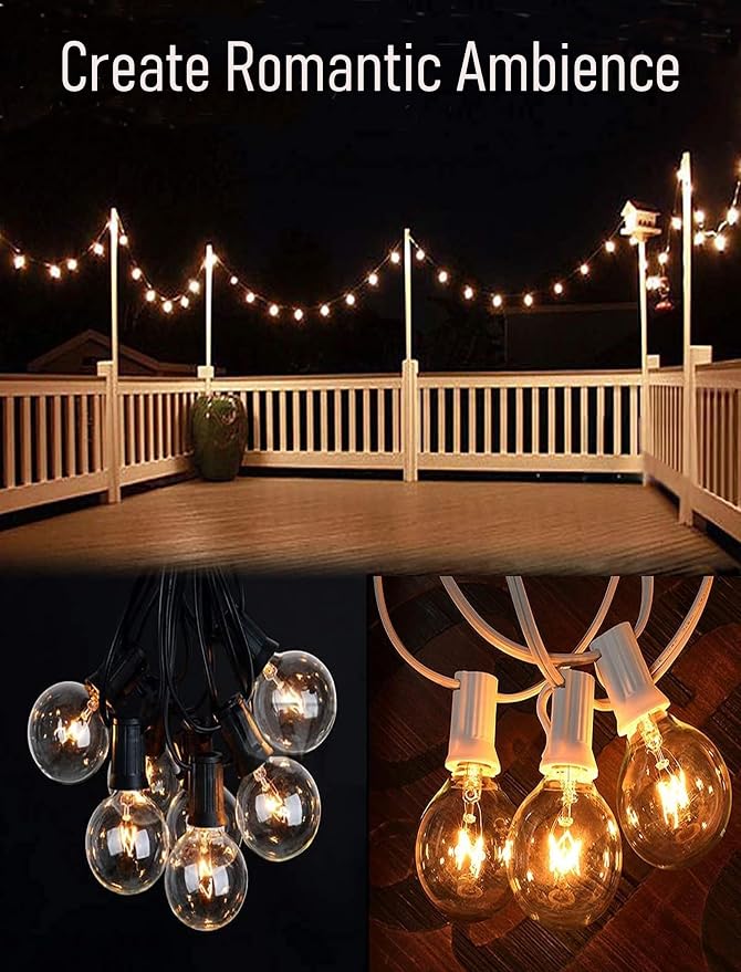 Abeja 50FT G40 Globe String Lights, Outdoor Patio Lights | 53 Clear Incandescent Bulbs(3 Spare), Warm White Glow, Plug-in Bistro Lights for Backyard Porch Balcony Wedding, Black