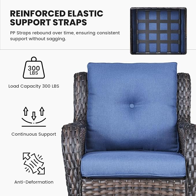 Belord High Back Patio Chairs Set of 2 - Brown Wicker Chairs Outdoor Seating, 4" Wide Armrests Rattan Outdoor Club Chair with Blue Removable Cushion for Deck Porch Backyard