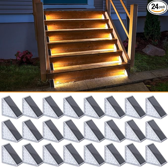 Solar Step Lights 24 Pack - Outdoor Stair Lights with 3000K Warm White & 6000K Cool Daylight, IP67 Waterproof, Auto On/Off, Super Bright for Deck, Patio, Steps