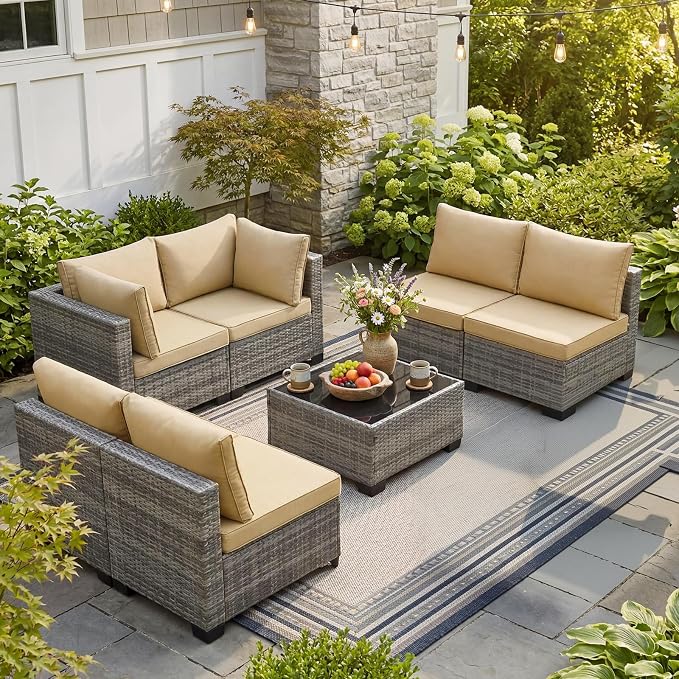 ANJ 7 Piece Outdoor Wicker Patio Furniture Set, Modular Loveseat Sofa with with Glass Top Coffee Table, All-Weather Rattan Conversation Couch Set for Balcony, Backyard, Light Grey Wicker-Camel