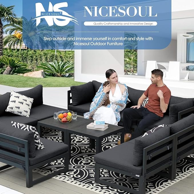 NICESOUL 14 Piece Oversized Modern Aluminum Outdoor Patio Furniture Set with Coffee Table, 29" Wide Deep L-Shaped Sectional Sofa, 500lbs Heavy Duty Comfortable Poolside Conversation Set, Dark Gray