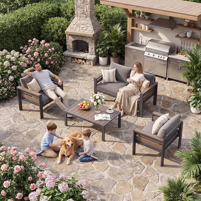 DoCred Aluminum Patio Furniture Set, 4-Piece Modular Patio Conversation Set with Widened Armrests and Thickened Cushions, Metal Outdoor Furniture Set for Porch, Balcony, Deck, Yard, Poolside