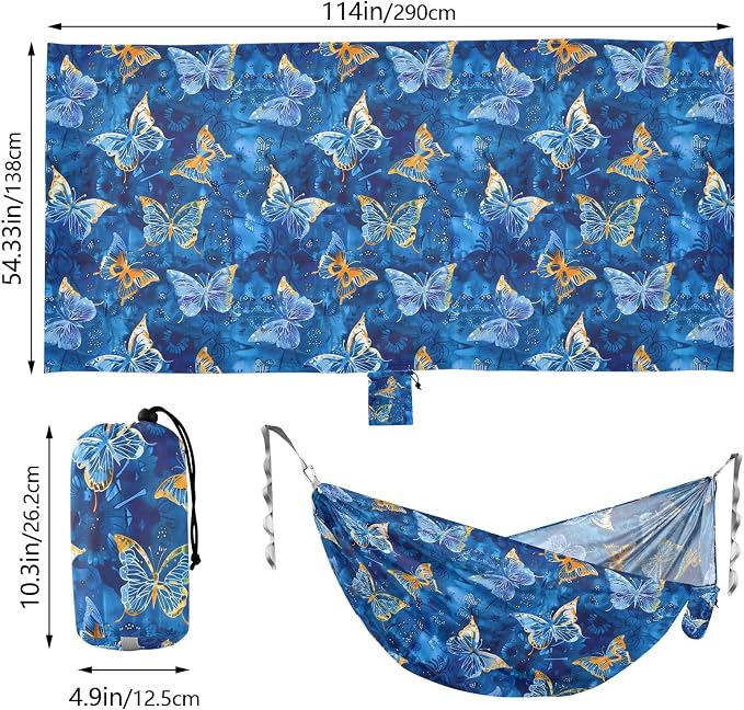 Camping Hammock Outdoor Hammocks for Outside Butterfly Batik Blue Beach Trees Portable Lightweight with Pockets Tree Straps Indoor