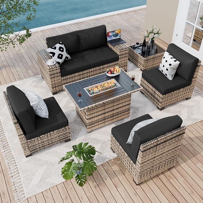 Amopatio 7 Piece Patio Furniture Set with 8" Armrest & 44" Fire Pit Table, Outdoor Wicker Rattan Sectional Sofa Conversation Set for Backyard, Garden, Poolside(Black Cushion)
