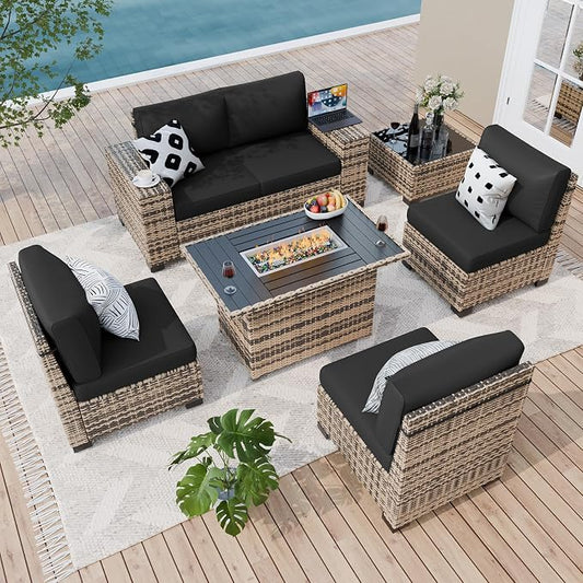Amopatio 7 Piece Patio Furniture Set with 8" Armrest & 44" Fire Pit Table, Outdoor Wicker Rattan Sectional Sofa Conversation Set for Backyard, Garden, Poolside(Black Cushion)
