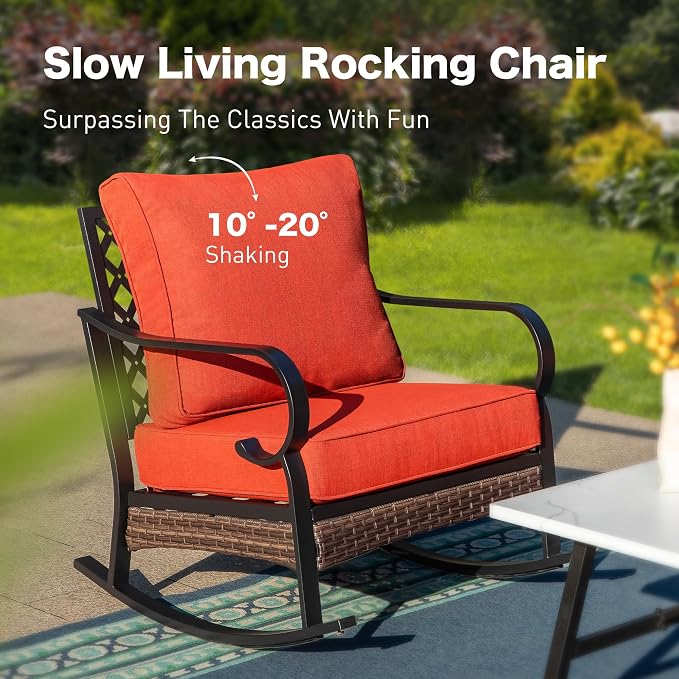 SUNSHINE VALLEY 4 Piece Metal Outdoor Patio Furniture Sets, Patio Conversation Sets 1 Loveseat, 2 Rocking Sofa with 5.75" Extra Thick Cushion and Coffee Table, Balck Frame Backyard Furniture, Rust Red