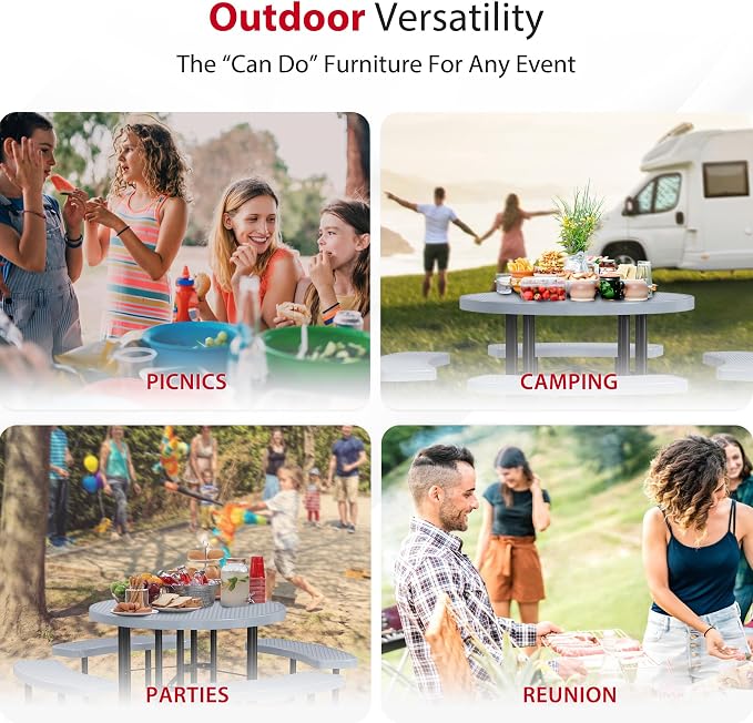 Leisure Craft Metal Picnic Table with Bench - 46" Round Outdoor Dining Table for 8 with Umbrella Hole, Weatherproof Heavy Duty Thermoplastic Coating, Commercial Grade Furniture Made in USA - Gray