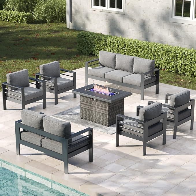 7 Pieces Aluminum Outdoor Patio Furniture Set with Fire Pit Table, Modern Metal Conversation Sofa Set with Deep Seating