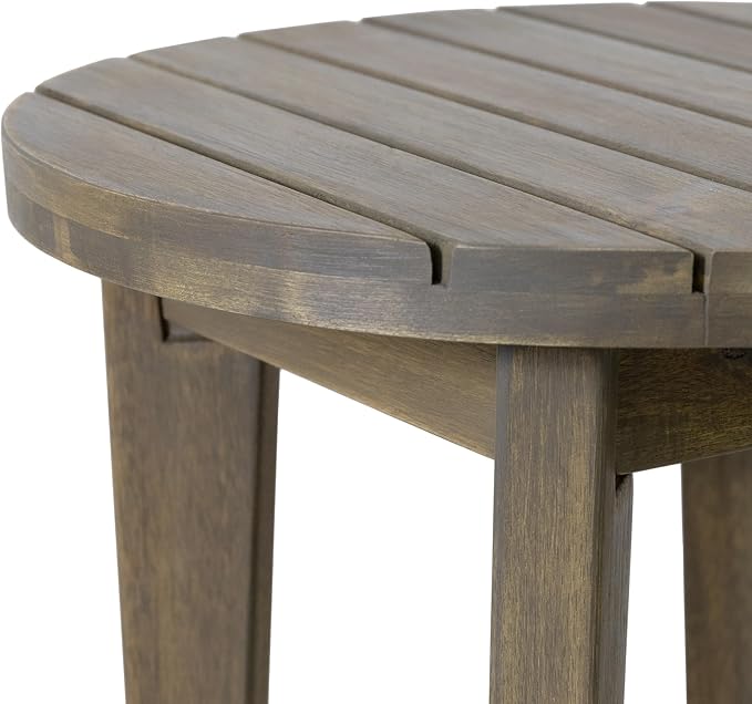 Round Patio Side Table Acacia Wood End Table with Slat Panel Design Rustic Outdoor Accent Table for Garden Backyard Pool Deck Living Room Weather Resistant Easy Maintenance, Gray