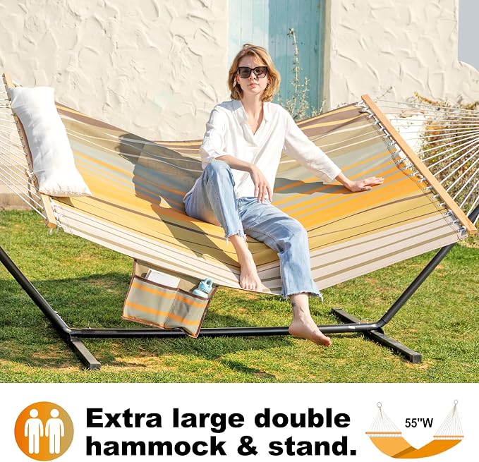GAFETE Waterproof 2 Person Hammock with Stand for Outside Heavy Duty, 55 Inch Double Large Quick Dry Textilene Hammocks with Spreader Bar, Pillow, Pockets, for Outdoor, 475lbs Capacity (Coffee Stripe)