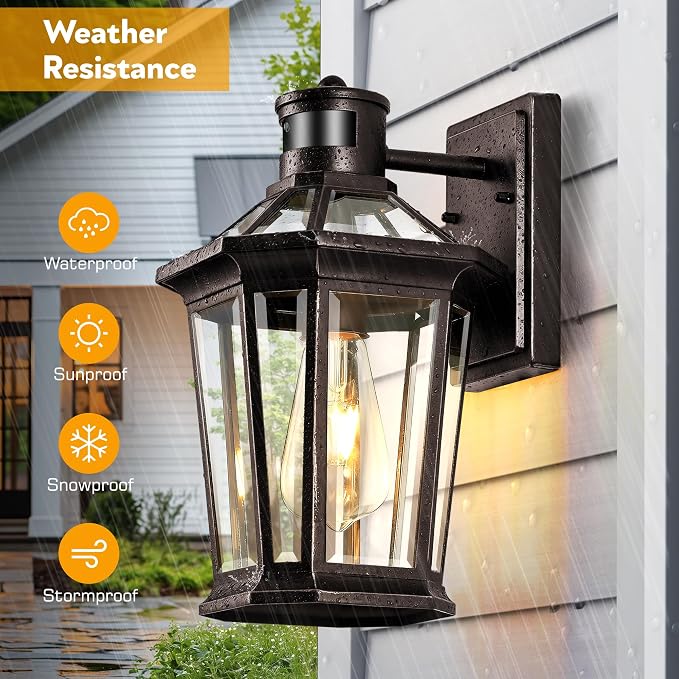 VIANIS Oil Rubbed Bronze Dusk to Dawn Motion Sensor Porch Light, Anti-Rust Aluminum Frame, Tempered Glass, 100% Weather Resistant, Easy Installation, Fits Standard E26 Bulbs