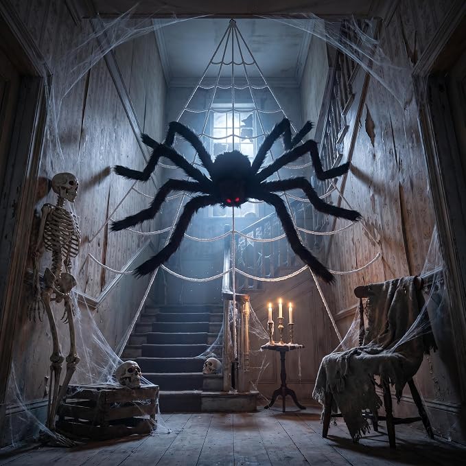 Land Guard 236'' Big Spider Web Halloween Decor+70'' Huge Spider for Roof with Triangular Big Web for on House Outside and Inside