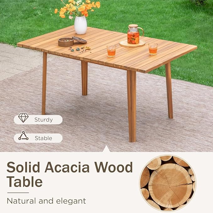 PHI VILLA Patio Dining Set,Acacia Wood Table and Rattan Chairs | PE Rattan chairs, Bright Brown, for Patio, Deck, Yard, Porch