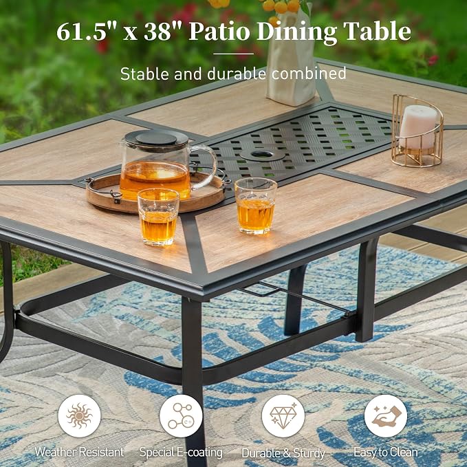 SUNSHINE VALLEY 61" Patio Dining Table for 6,Teak Color Rectangle Patio Table with Umbrella Hole,E-Coating and Powder Coating Steel Frame Metal Outdoor Patio Table for Garden Backyard Lawn Yard