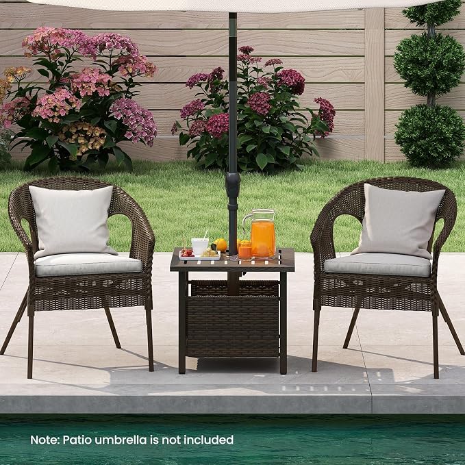 Tangkula Outdoor Side Table with 1.93" Umbrella Hole, All-Weather PE Wicker Patio Umbrella Table with Rustproof Frame for Garden, Deck and Poolside