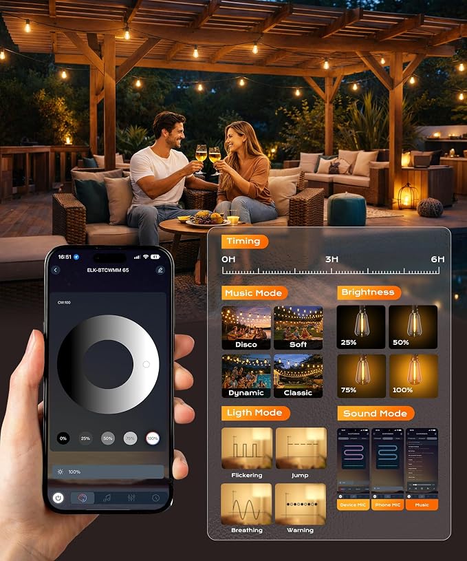 Outdoor String Lights, 150 FT Patio Lights for Outside | Smart App & Remote Control with Timer, Dimmable with 4 Scene Modes, Warm White Waterproof LED Bulbs for Garden, Yard Decor