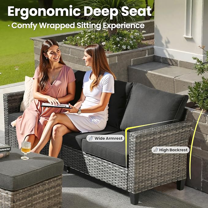 ovios 6 Pieces Patio Furniture Set with Square Fire Pit Table, Swivel Rocking Chairs, Loveseat, Outdoor High Back Wicker Rattan Conversation Set for Deck Porch, Black