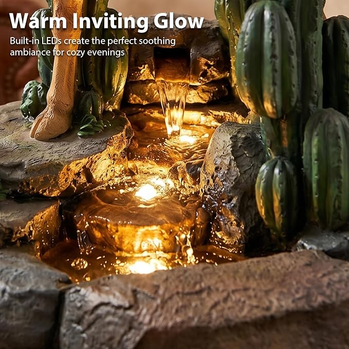 Camel & Cacti Side Table with 4-Tier LED Waterfall Resin Sculpture End Table Glass Top Indoor Outdoor for Patio Garden Living Room