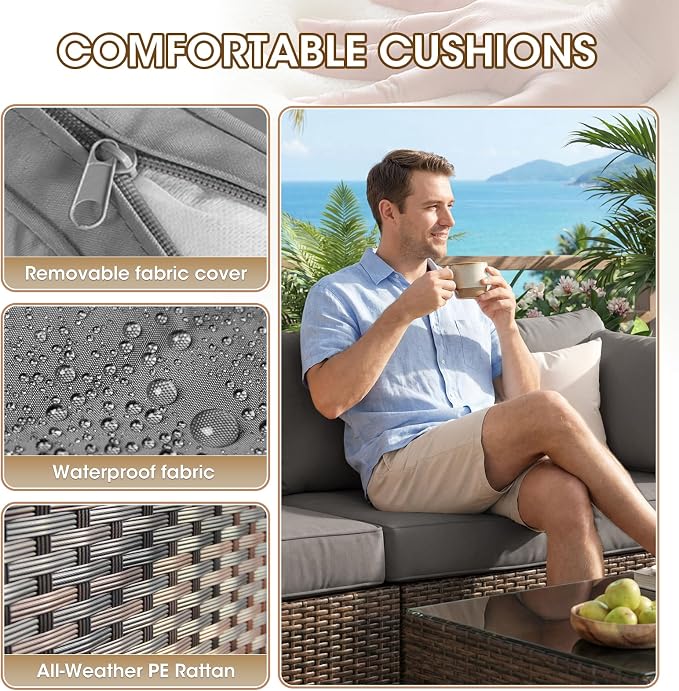 7 Piece Patio Furniture Set with 44" Fire Pit Table, Outdoor Sectional Couch, PE Rattan Patio Conversation Sets with 4inch Cushions for Backyard Grey (GY)