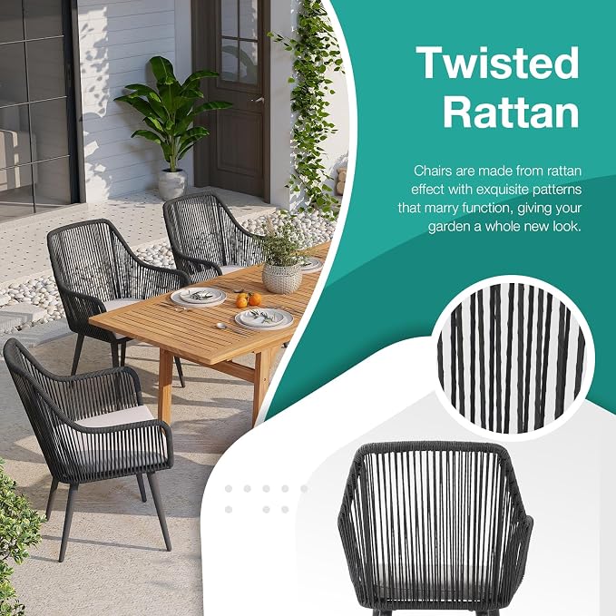 Patiorama 7-Piece Outdoor Dining Set, Patio Wicker Dining Table Chair Set with 55"-71" Acacia Wood Expandable Table & Twisted Rattan Rope Chairs, All-Weather Dining Furniture Set for Yard Garden,Black