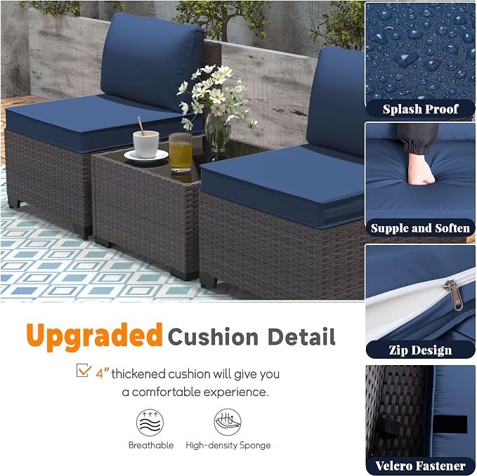 Patio Furniture Set 9 Pieces Outdoor Swivel Rocking Chairs Sofa Set,PE Rattan Wicker Patio Conversation Set with Thickened Cushions and Glass Coffee Table,NavyBlue