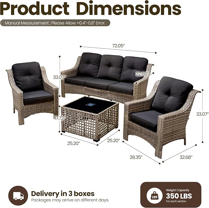 4 Piece Patio Furniture Set with Solar Light Coffee Table, Heavy Duty Wicker High Back Sofa Chairs with Thick Cushion, Small Outdoor Conversation Sets for Backyard Garden Porch, Black