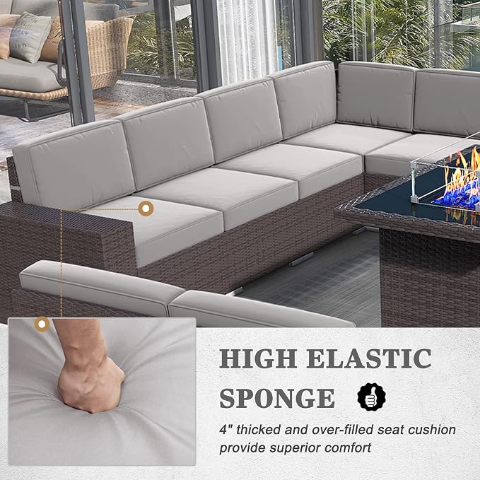 13 Pieces Patio Furniture Set with 44" Propane Gas Fire Pit Table, Outdoor Sectional Brown Rattan Wicker Conversation Sofa Sets with Coffee Table