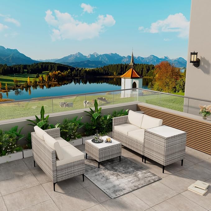 Outdoor PE Rattan Patio Conversation Set with Storage, All-Weather Wicker Sectional Sofa with Cushions for Backyard Garden Porch, Grey White and Khaki