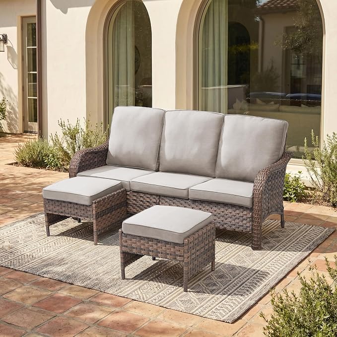 Patio Furniture Set - 3 Pieces All Weather Wicker Outdoor Couch Sofa and 2 Ottomans, Ergonomic Design for Porch, Deck, Balcony, Garden, and Backyard(Beige)