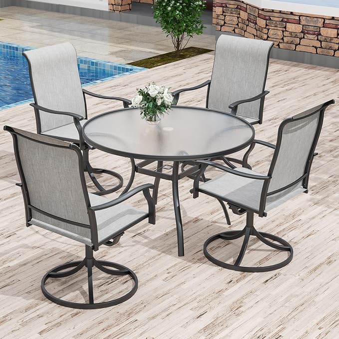 Anmutig 5 Piece Outdoor Patio Dining Set with 4 Swivel Dining Chairs & 1 Round Glass Dining Table, All Weather Dining Furniture Set for Lawn Garden Grey