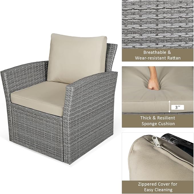 RELAX4LIFE 4-Piece Patio Conversation Seat - Wicker Sofa Set w/Seat & Back Cushions, Coffee Table w/Tempered Glass Tabletop, Outdoor Rattan Sofa Set for Backyard, Porch (Brown)