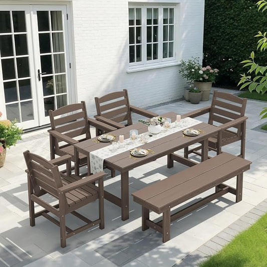 KINGYES 6-Piece Patio Dining Set, HDPE Outdoor Table and Chairs with Bench, Dark Brown
