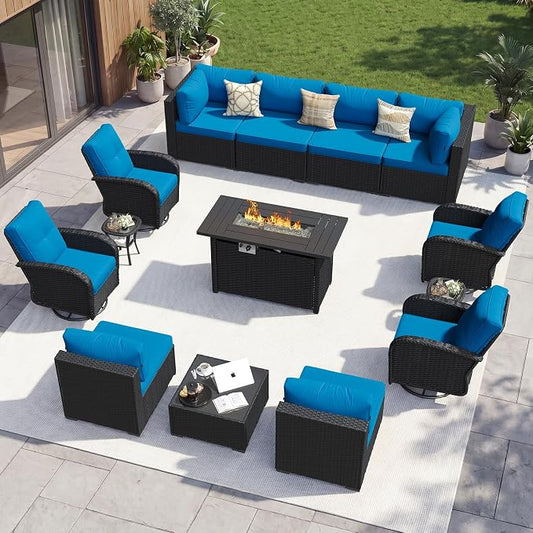 Aoxun 14 Piece Outdoor Patio Furniture Set with 44'' Fire Pit Table, Wicker Rattan Outdoor Furniture with High Back Swivel Rocker Chairs, Outdoor Sofa Set with Thick Cushion & Side Table, Peacock Blue