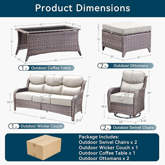 Luxury 6 Pieces Outdoor Patio Furniture Set-All Weather Wicker Outdoor Furniture with Swivel Rocker Patio Chairs 6-inch Extra Thick Cushions Wicker Conversation Set for Deck Garden(Brown/Beige)