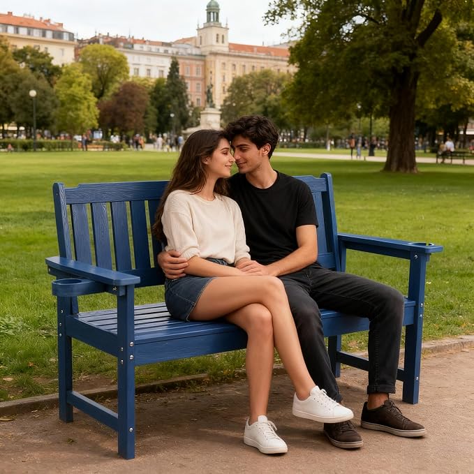 Outdoor Wooden Bench, 2-Person Garden Bench with Backrest and Armrests,Long Loveseat Bench for Garden,Porch,Courtyard, Home.(Blue)