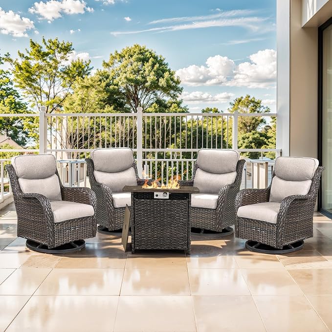Outdoor Swivel Rocker Patio Chairs Set of 4 with Fire Table - 5" Thick Cushion 5 Piece Furniture Set with Fire Pit Table All Weather Wicker Conversation Set for Porch Deck - Brown/Beige
