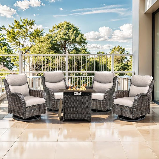 Outdoor Swivel Rocker Patio Chairs Set of 4 with Fire Table - 5" Thick Cushion 5 Piece Furniture Set with Fire Pit Table All Weather Wicker Conversation Set for Porch Deck - Brown/Beige