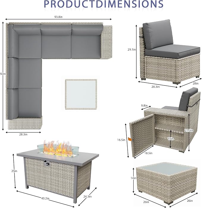 7 Piece Patio Furniture Set with 50,000 BTU Rattan Fire Pit Table that Converts to Coffee Table, 9.8" Wide Arm Sectional Sofa with Storage Armrests, Outdoor Rattan Conversation Set, Grey