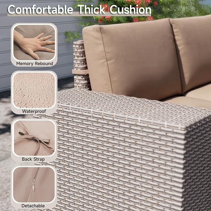 13-Piece Outdoor Patio Furniture Set with Fire Pit, Modular Sectional Sofa Set with Glass Coffee Table and Cushions, Wicker Outdoor Couch Conversation Sets, Khaki