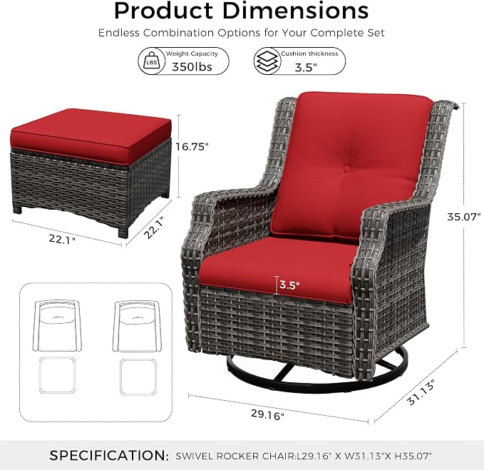 Outdoor Patio Furniture Set, 4 Piece Wicker Patio Furniture with Thick Cushions, Curved Armrest, Deep Seating, Outdoor Swivel Rocker Chairs for Porch, Deck, Balcony