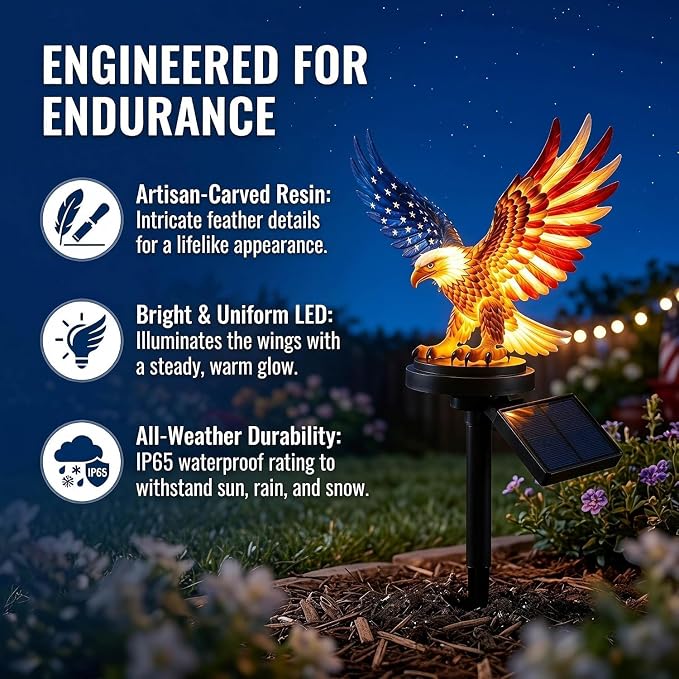 Solar Eagle Garden Light, Outdoor Patriotic Stake 250th Anniversary America Eagle Sculpture Waterproof Light for Fourth of July Memorial Day Yard Lawn Pathway Decor 1 Pack