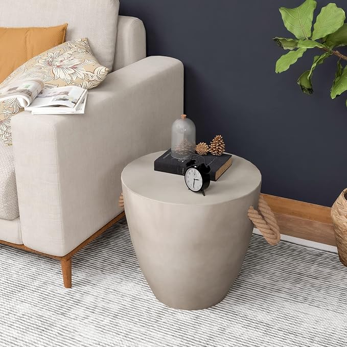 HOMPUS Outdoor Side Table Round, Concrete Accent Modern End Table w Rope Handle, Patio Drum Coffee Table, Garden Planter Stool Decor for Backyard, Indoor, Living Room, Light Gray