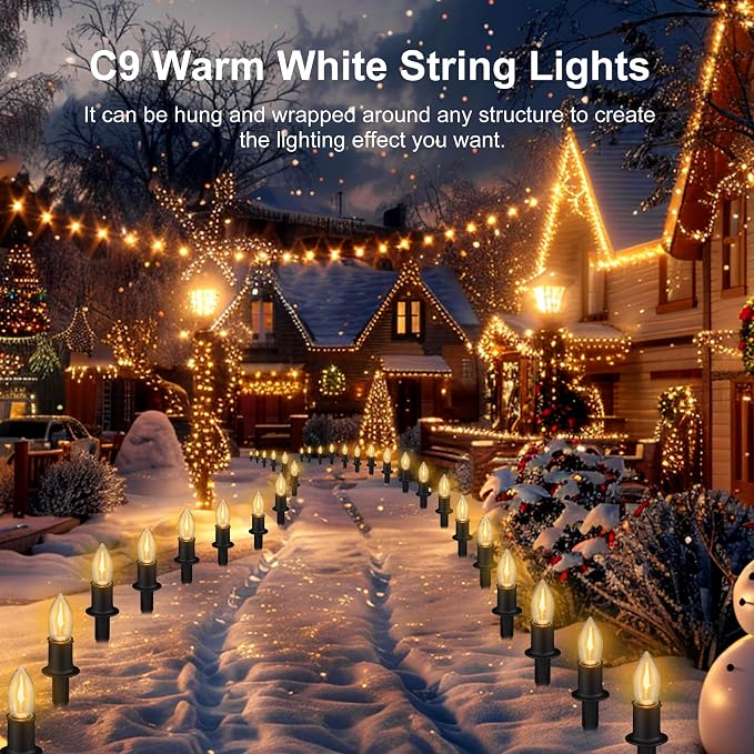 TIORIY Christmas Pathway LED Lights Outdoor, 20 Lights C9 Walkway Lights with Stakes, 24.2ft Clear Driveway Christmas Lights for Pathway, Warm White, Extendable for Outdoor Decorations