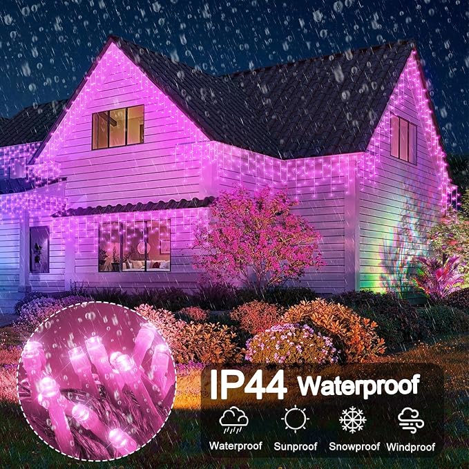 Pink Christmas Lights Outdoor Icicle Lights for Outside 33ft 400 LED String | Twinkle Lights Clear Wire Connectable 8 Modes Timer Plug in Waterproof for Window Party Wedding Holiday Patio Tree Decoration